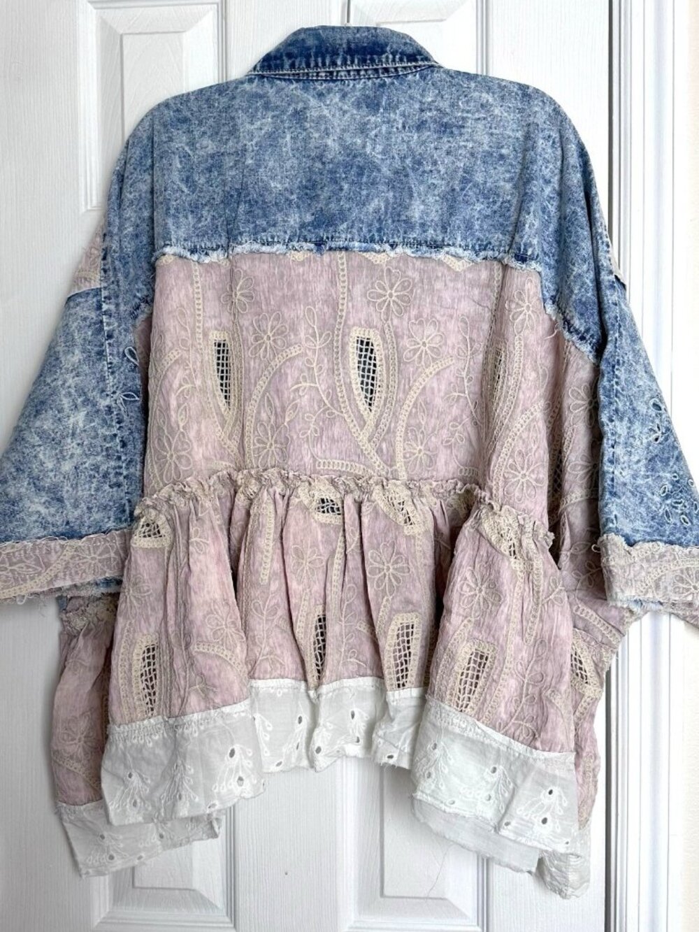 Pol Eyelet Ruffles Embroidered Crochet Patch Denim Jacket Relax Fit Size S M L - Picture 10 of 14